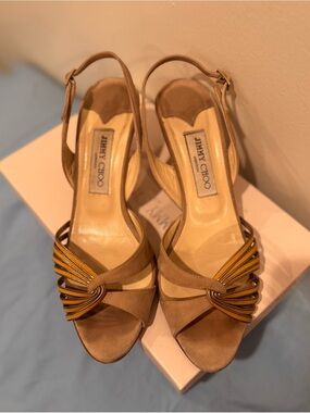 Jimmy Choo Camel Suede Slingback Sandals with Gold Accent